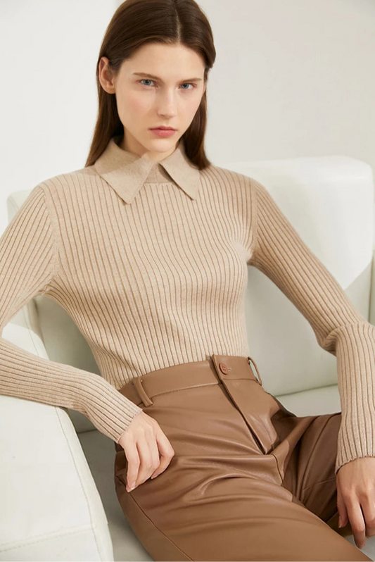 Wool Blend Collared Cable Sweater